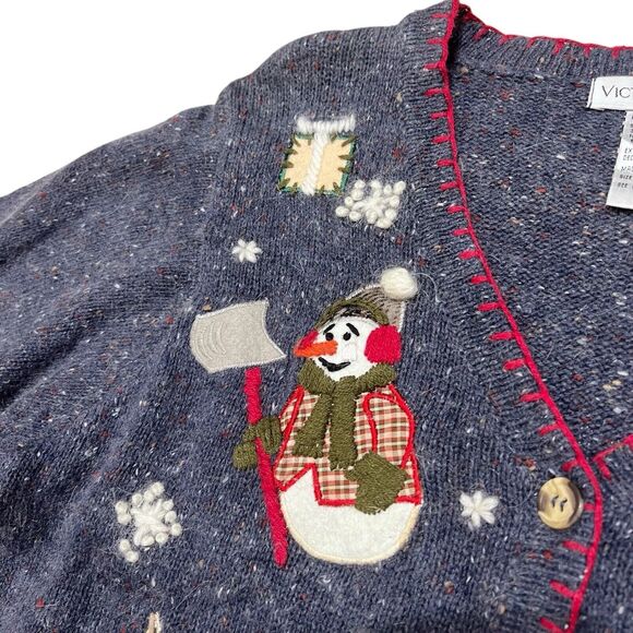 Vintage 90s Christmas Cardigan Sweater Medium Snowmen Blue Speckled Angora Tree - Picture 8 of 12